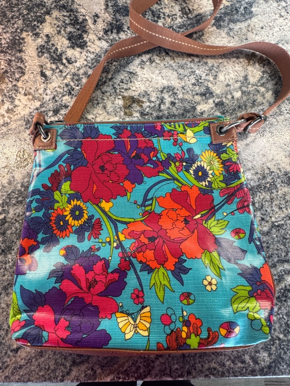 Sakroots Turquoise Floral Crossbody with Brown Strap - Picture 3 of 4